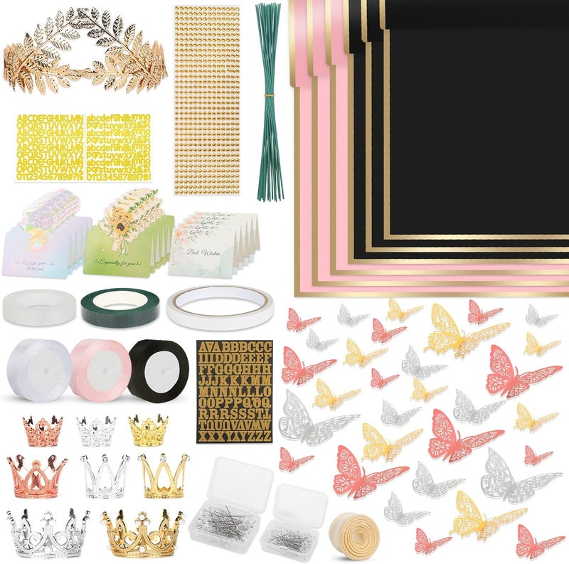 Besuper 260Pcs Flower Bouquet Wrapping Paper Kit, 60 Sheets Waterproof Paper, 36 Butterflies, 8 Crowns, 1 Headband, 4 Ribbons, 15 Cards, 100 Diamond Pins, 30 Floral Wire, 3 Stickers, 3 Tapes (Black & Pink) - Image 1